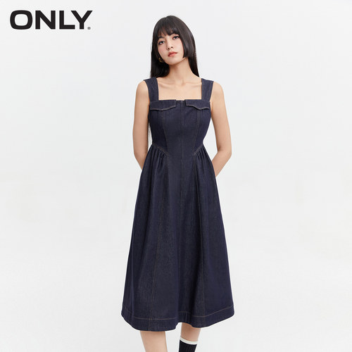 ONLY抽褶中长款无袖牛仔连衣裙