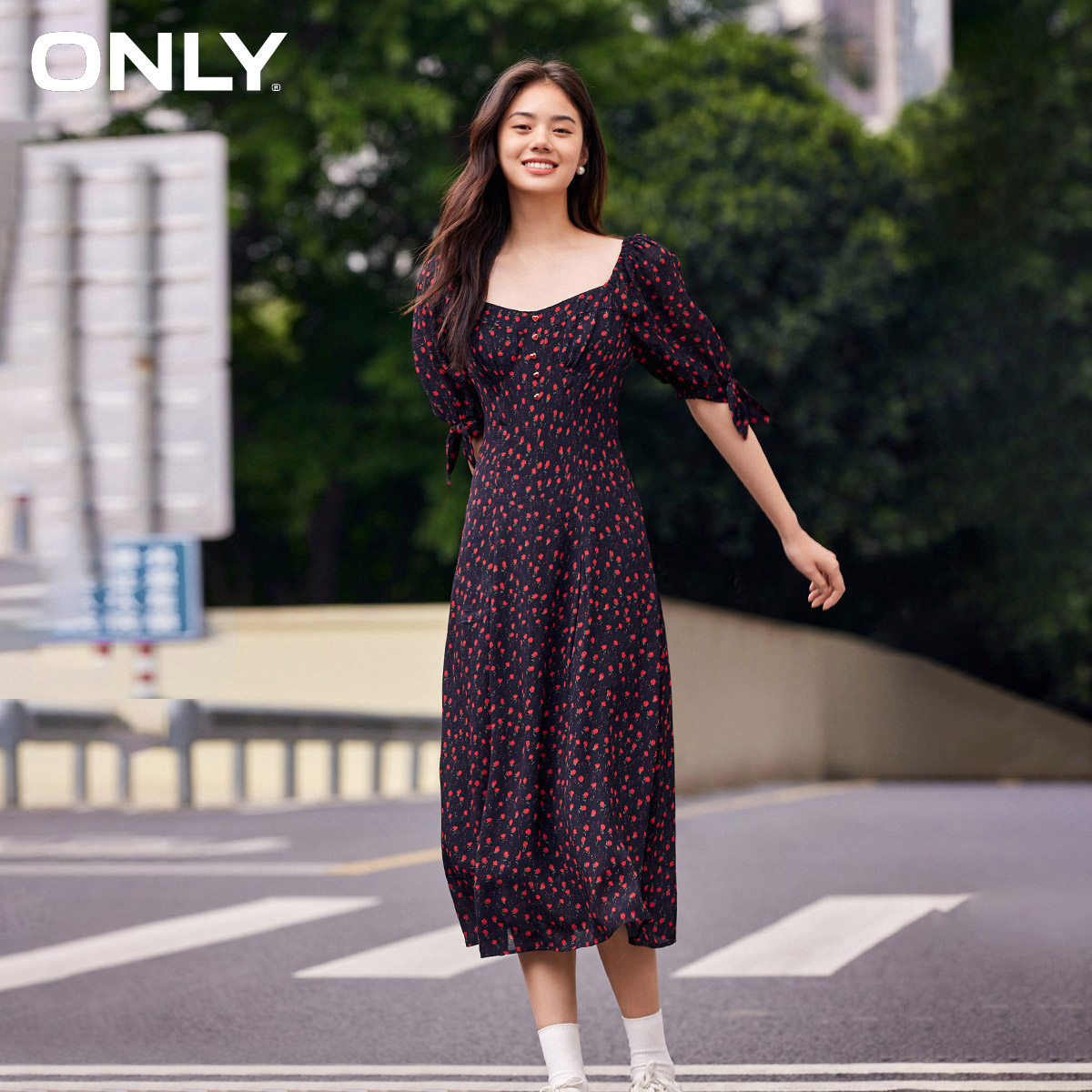 【ONLY奥莱】春夏新款气质收腰显瘦中长裙海边碎花连衣裙女