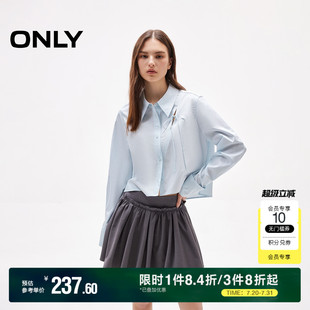 衬衫 ONLY2025夏季 短款 新款 女 系带蝴蝶结纯色正肩直筒显瘦翻领长袖