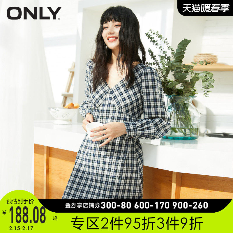 ONLY2021冬季新款A字收腰格子短款连衣裙女