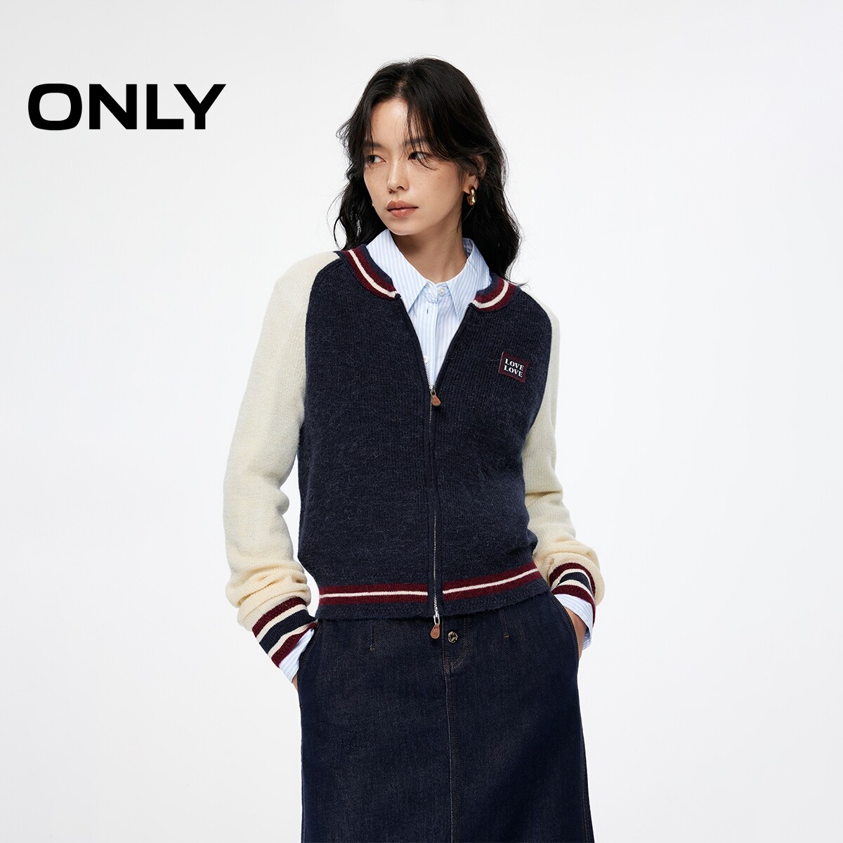 【ONLY奥莱】春夏新款学院风撞色设计含羊毛插肩圆领毛衣针织衫女
