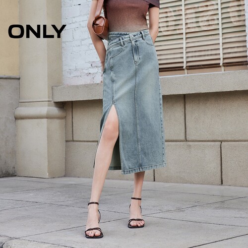 ONLY开衩牛仔高腰中长款半身裙