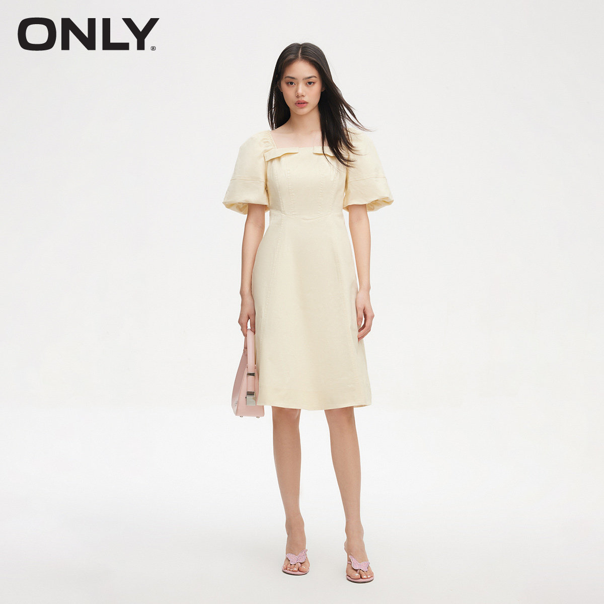 【ONLY奥莱】春夏新款时尚灯笼袖方领纯色中长款连衣裙女