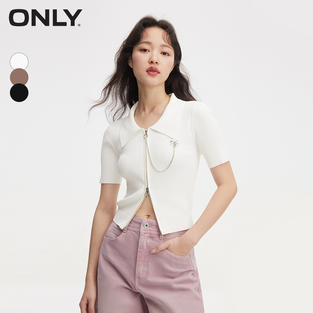 【ONLY奥莱】春夏新款简约休闲百搭纯色POLO领开衫针织衫女