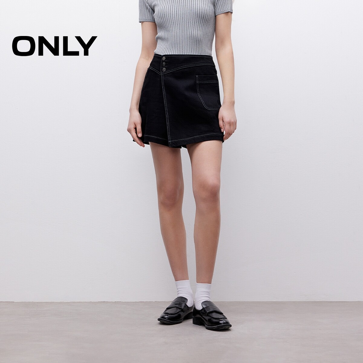【ONLY奥莱】夏季个性不对称斜襟高腰显瘦A字裤裙短裤牛仔裤女