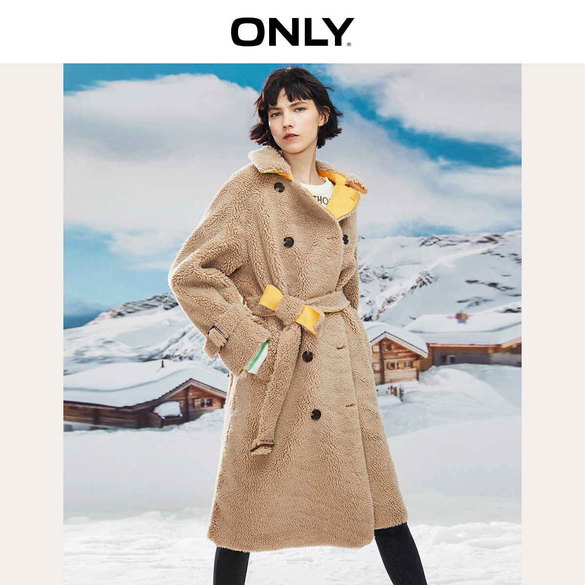 ONLY秋季新款长款过膝宽松系带仿羊羔毛棉服外套女|119322509