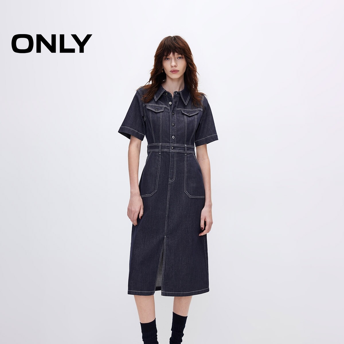 【ONLY奥莱】春夏新款优雅复古翻领修身短袖牛仔连衣裙女