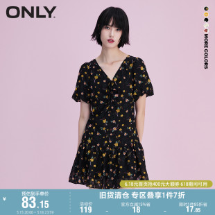 抽绳V领泡泡袖 ONLY奥莱夏季 荷叶边碎花短连衣裙女