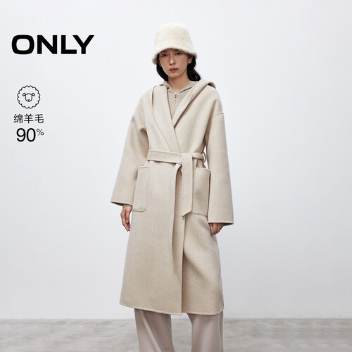 ONLY连帽设计收腰毛呢大衣