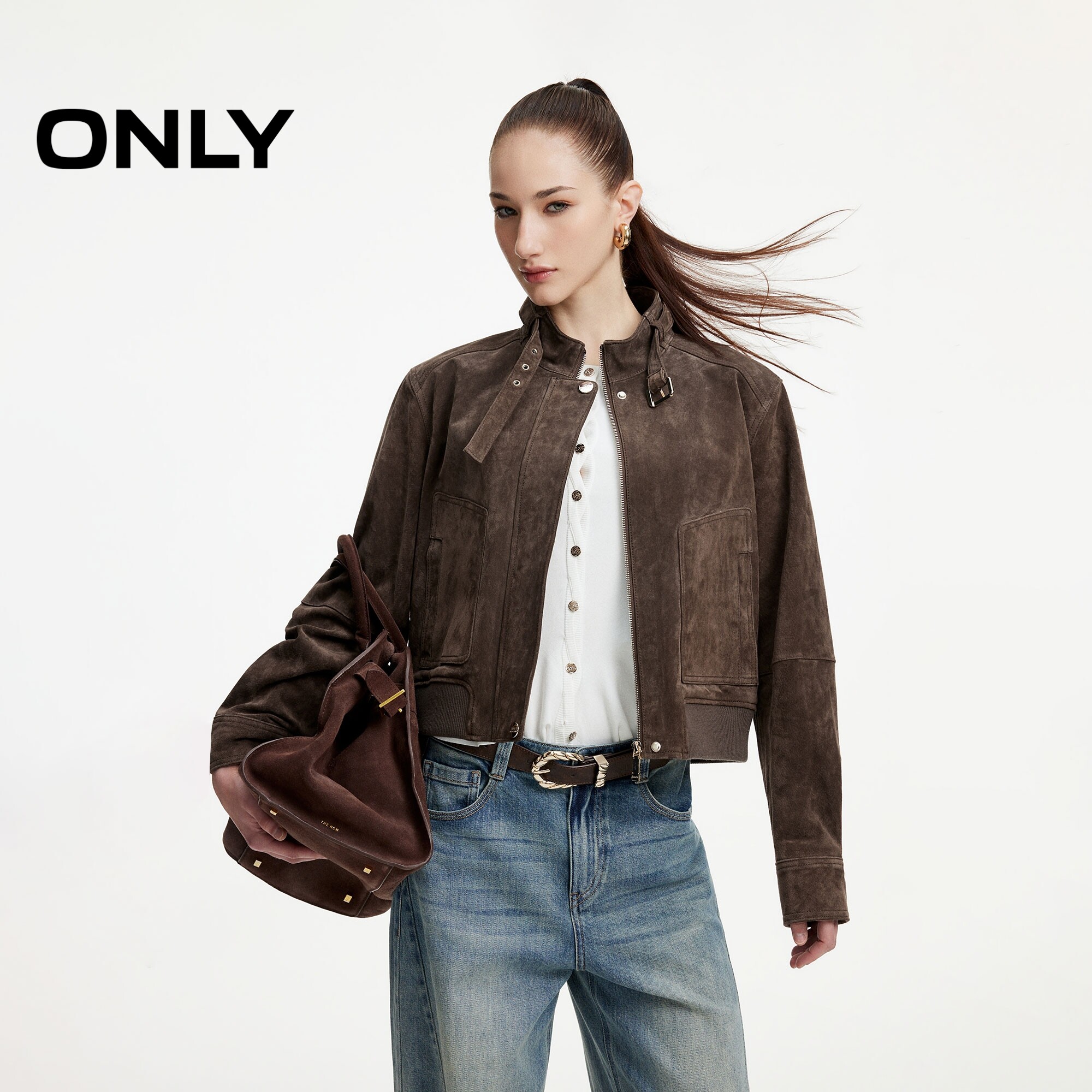 ONLY真皮短款立领正肩皮衣外套女