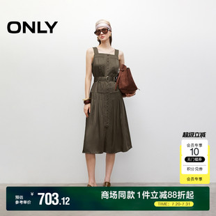 ONLY2025夏季 收腰中长裙百褶连衣裙女 新款 复古缎光面料方领无袖