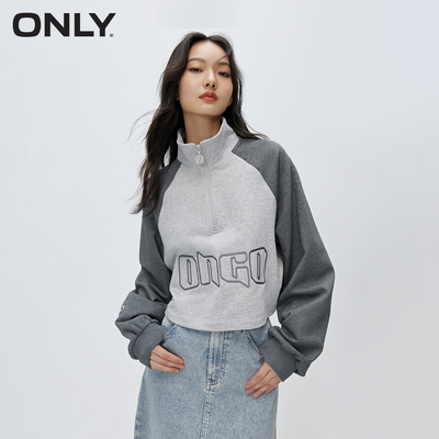 ONLY刺绣撞色短款长袖圆领卫衣