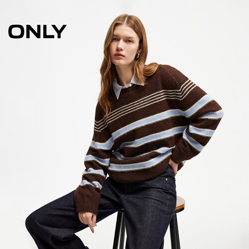 ONLY慵懒风撞色条纹圆领针织衫女
