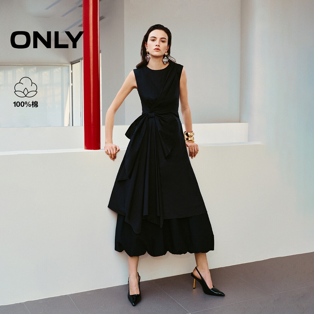 【ONLY奥莱】夏季优雅腰侧蝴蝶结无袖圆领约会裙小黑裙连衣裙女