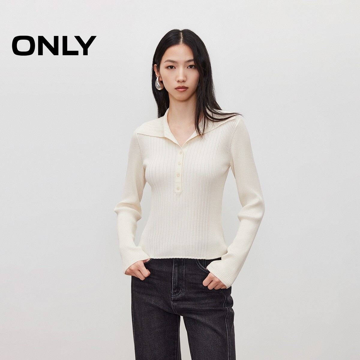 【ONLY奥莱】秋季新款修身长袖大翻领可开合竖排纽扣纯色针织衫女