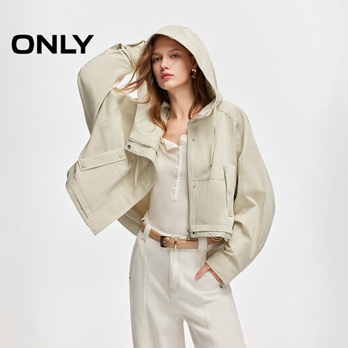ONLY连帽抽绳宽松短款风衣外套女