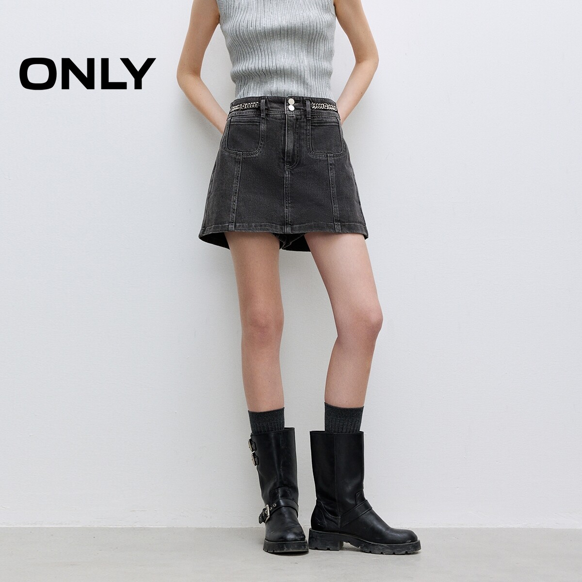 【ONLY奥莱】夏季时髦个性金属链条假两件高腰短裤裙裤牛仔裤女