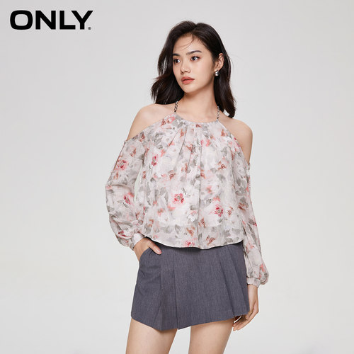 ONLY长袖碎花宽松吊带雪纺衫