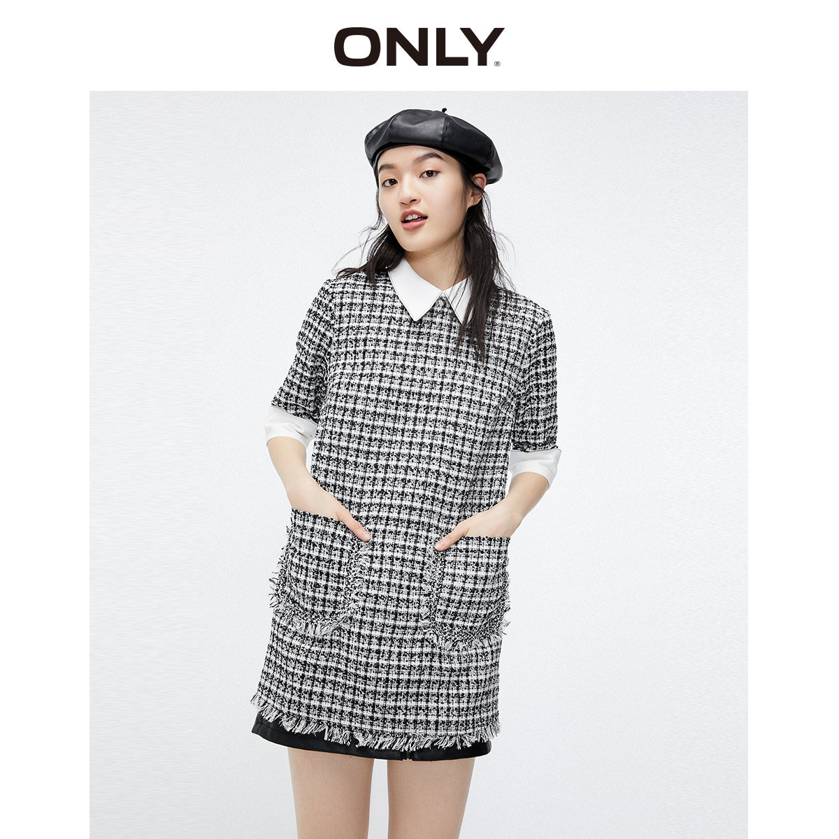ONLY奥莱冬季新款小香风格子气质假两件连衣裙女|120107588