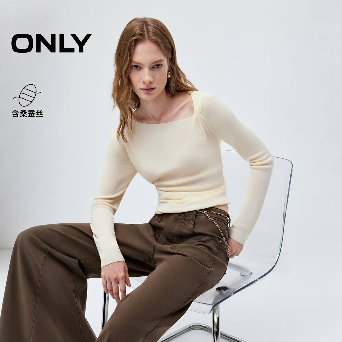 ONLY含桑蚕斜肩扭结纯色针织衫女