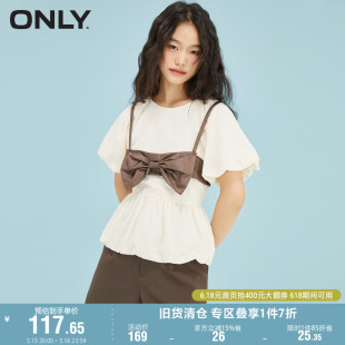 女 雪纺衫 ONLY奥莱夏季 甜美蝴蝶结压花圆领泡泡袖