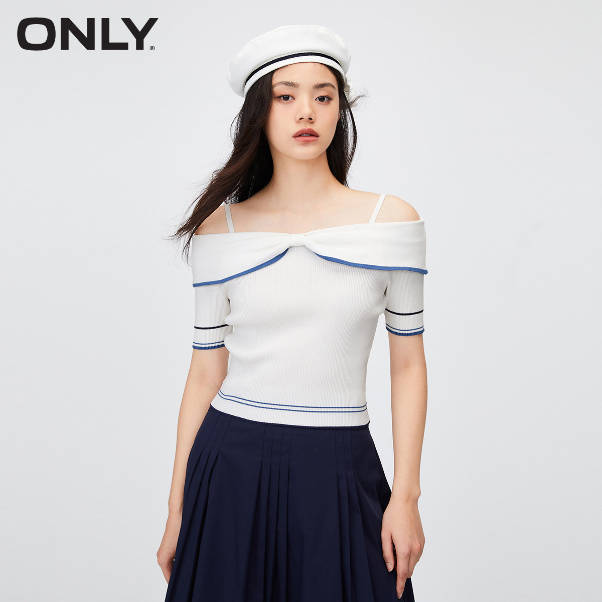 ONLY一字领蝴蝶结修身短款针织衫