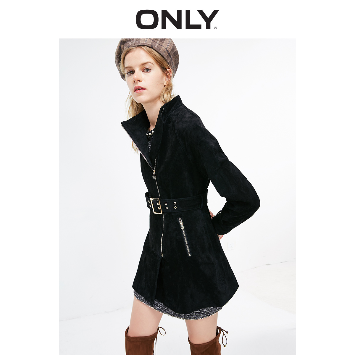 ONLY春季新款绒面收腰休闲皮衣外套女|119110512