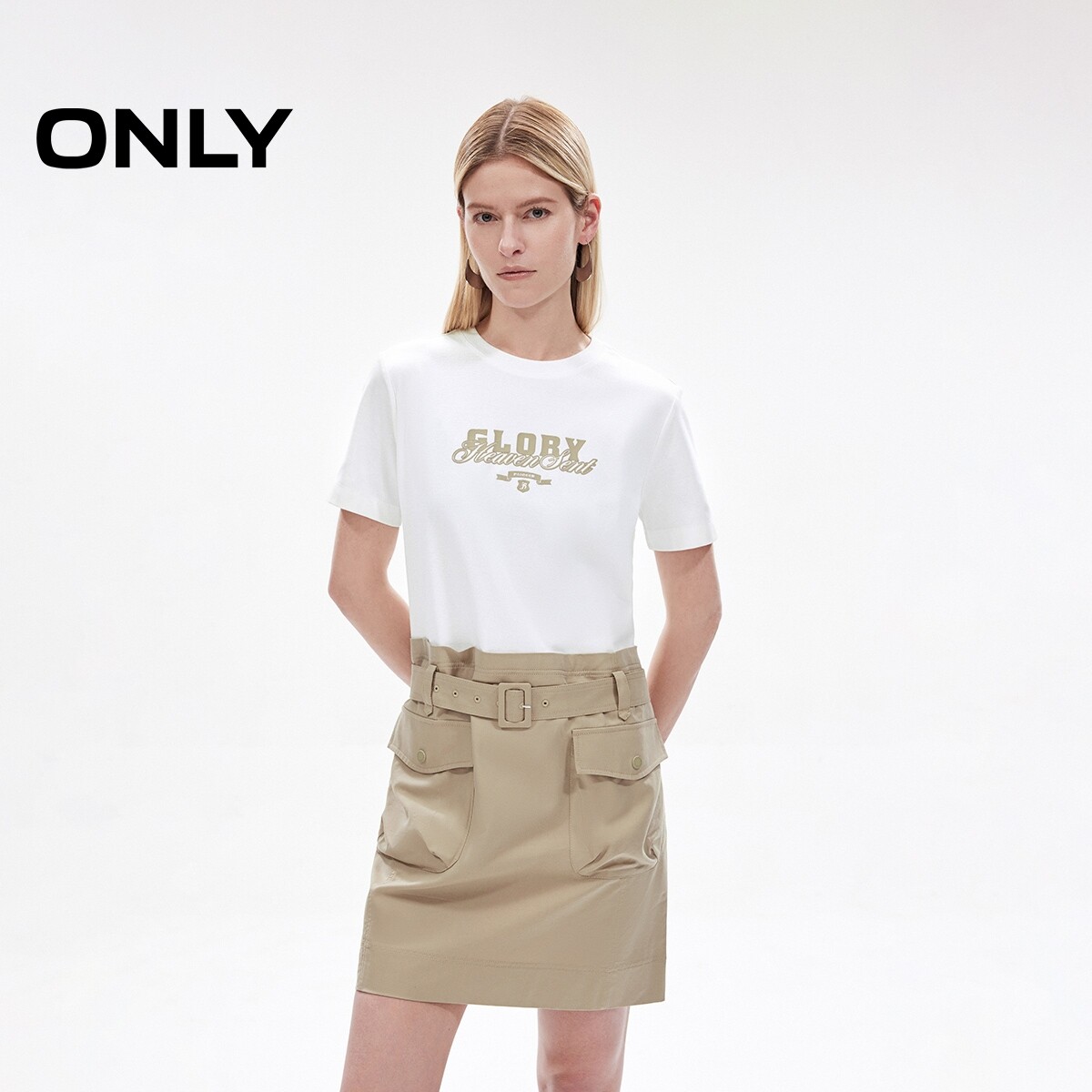 【ONLY奥莱】春夏工装风撞色拼接设计正肩圆领短袖T恤裙连衣裙女