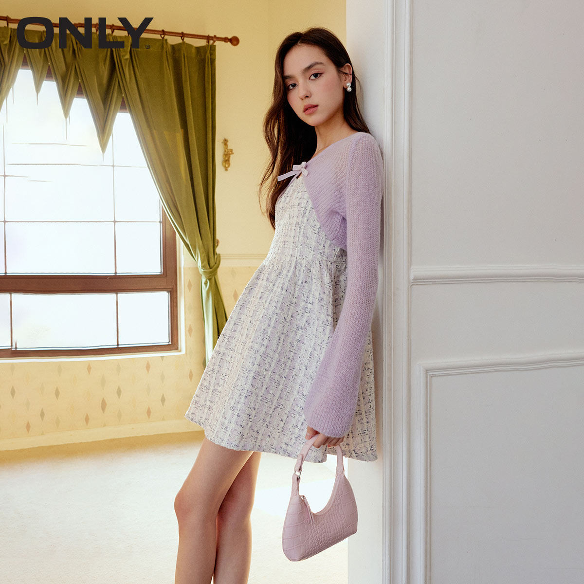 【ONLY奥莱清仓】秋冬甜美风气质V领短款长袖套装连衣裙女