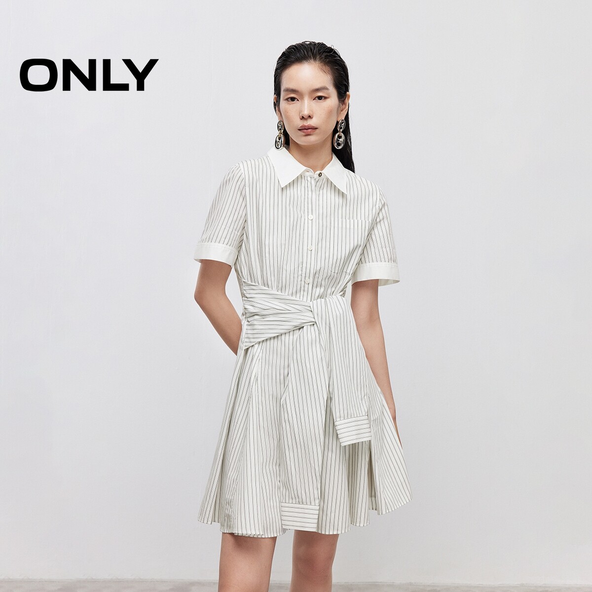 【ONLY奥莱】春夏仿衬衫袖系带显瘦A字短裙翻领衬衫裙连衣裙女