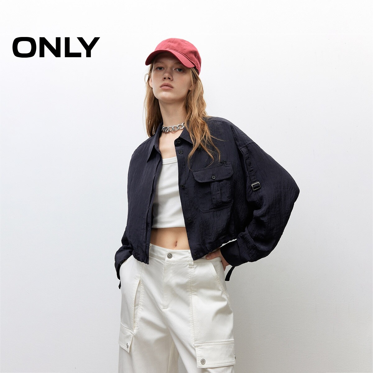 【ONLY奥莱】春夏褶皱肌理抽绳下摆翻领宽松落肩短款长袖衬衫女