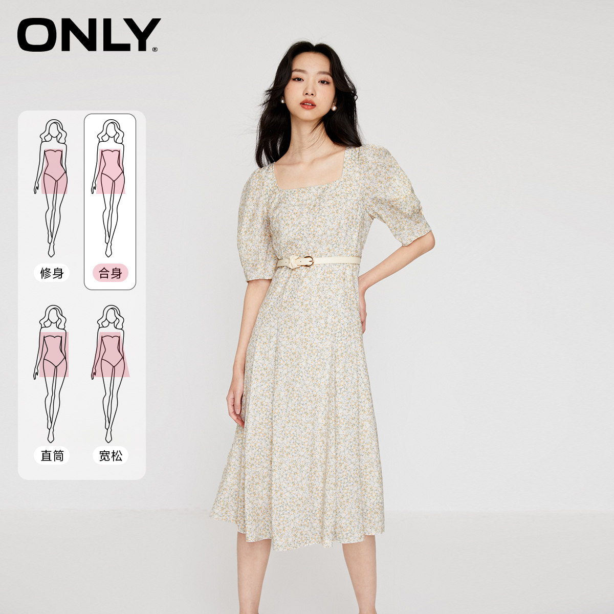 ONLY满印碎花泡泡袖A字连衣裙图片