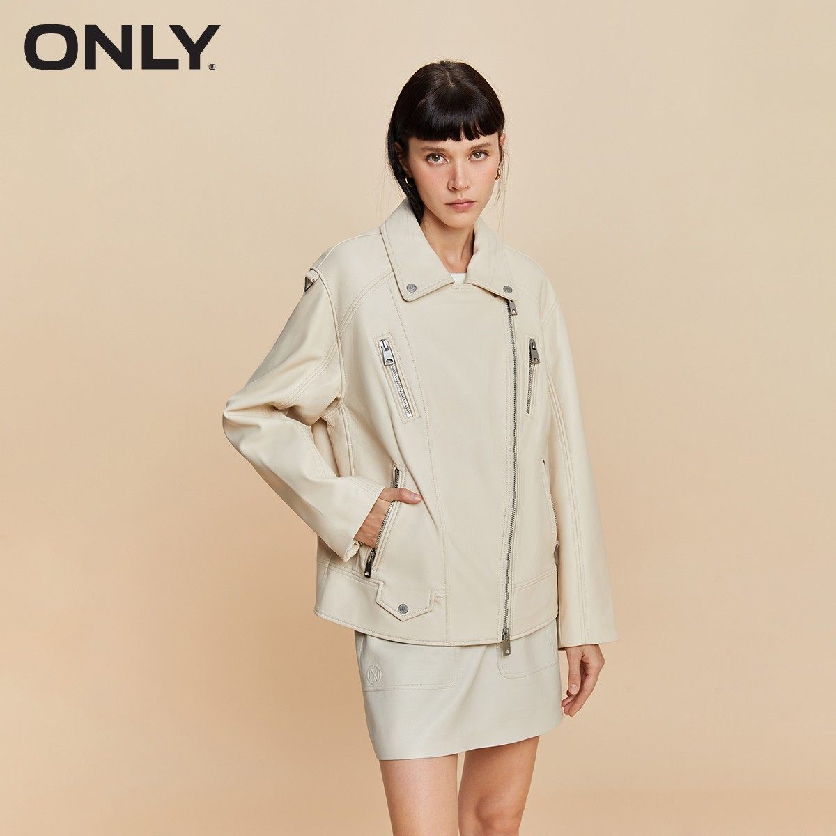 【ONLY奥莱】秋季时尚气质百搭翻领宽松皮衣外套女