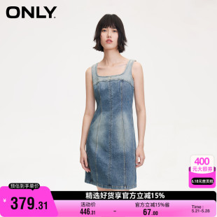 吊带牛仔连衣裙女 复古做旧方领短款 新款 ONLY奥莱夏季