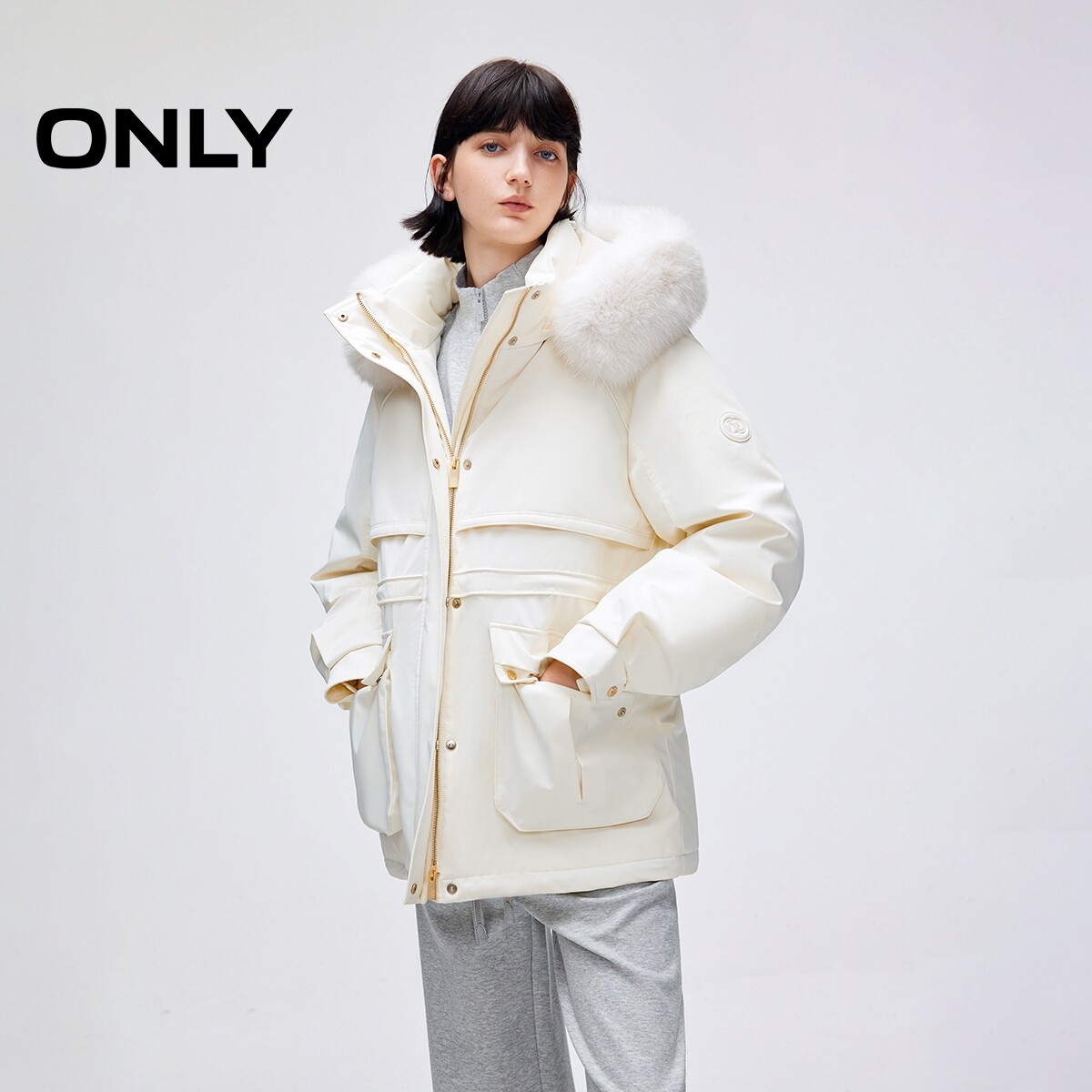 【90白鹅绒】ONLY奥莱冬季新款可拆卸毛领连帽工装派克羽绒服女