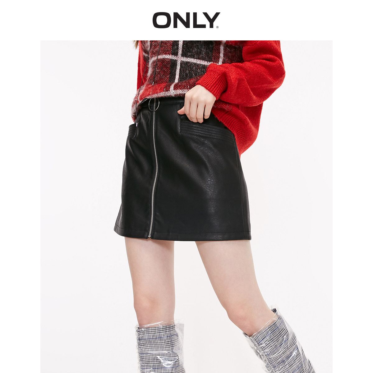 ONLY奥莱清仓秋季新款显瘦A字裙短裙PU皮裙半身裙女|11936S514