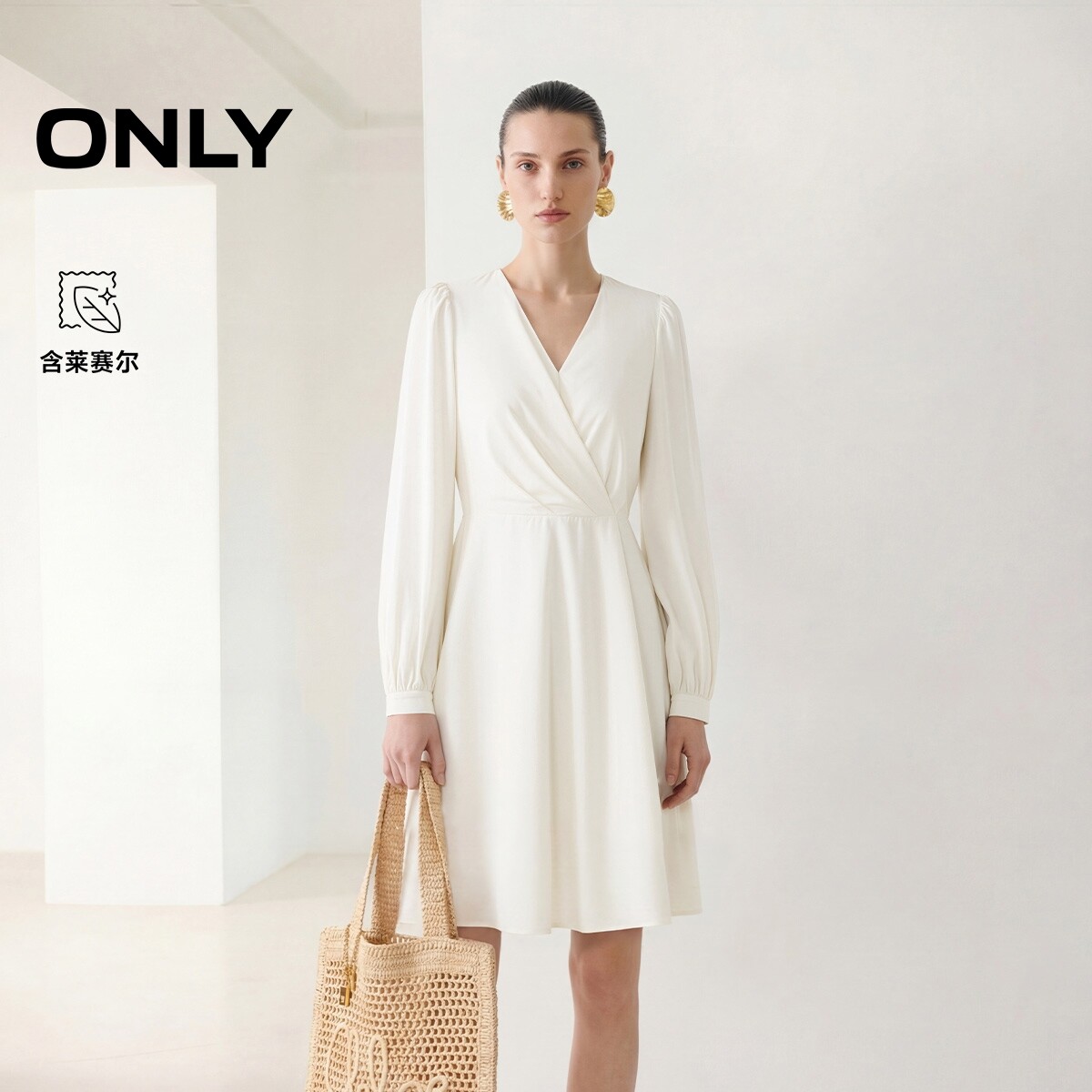ONLY含莱赛尔法式长袖短裙连衣裙