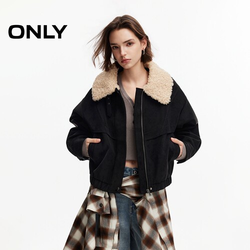 ONLY毛领宽松麂皮夹克棉服外套女