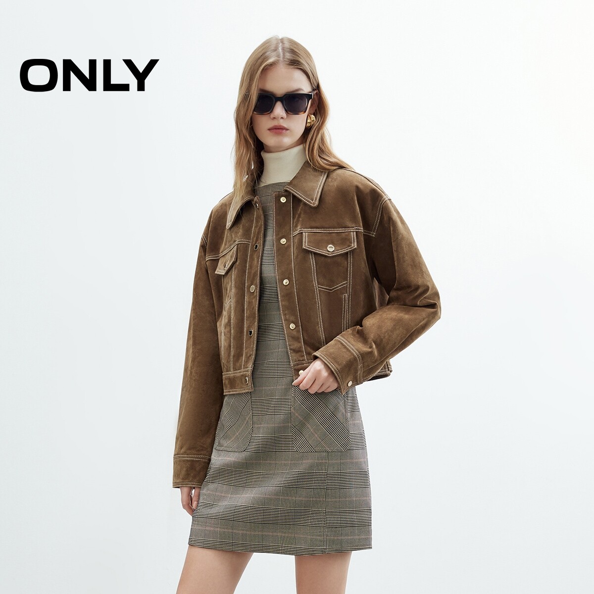 【ONLY奥莱】春季新款巴恩风利落挺阔明线设计复古短款皮衣外套女
