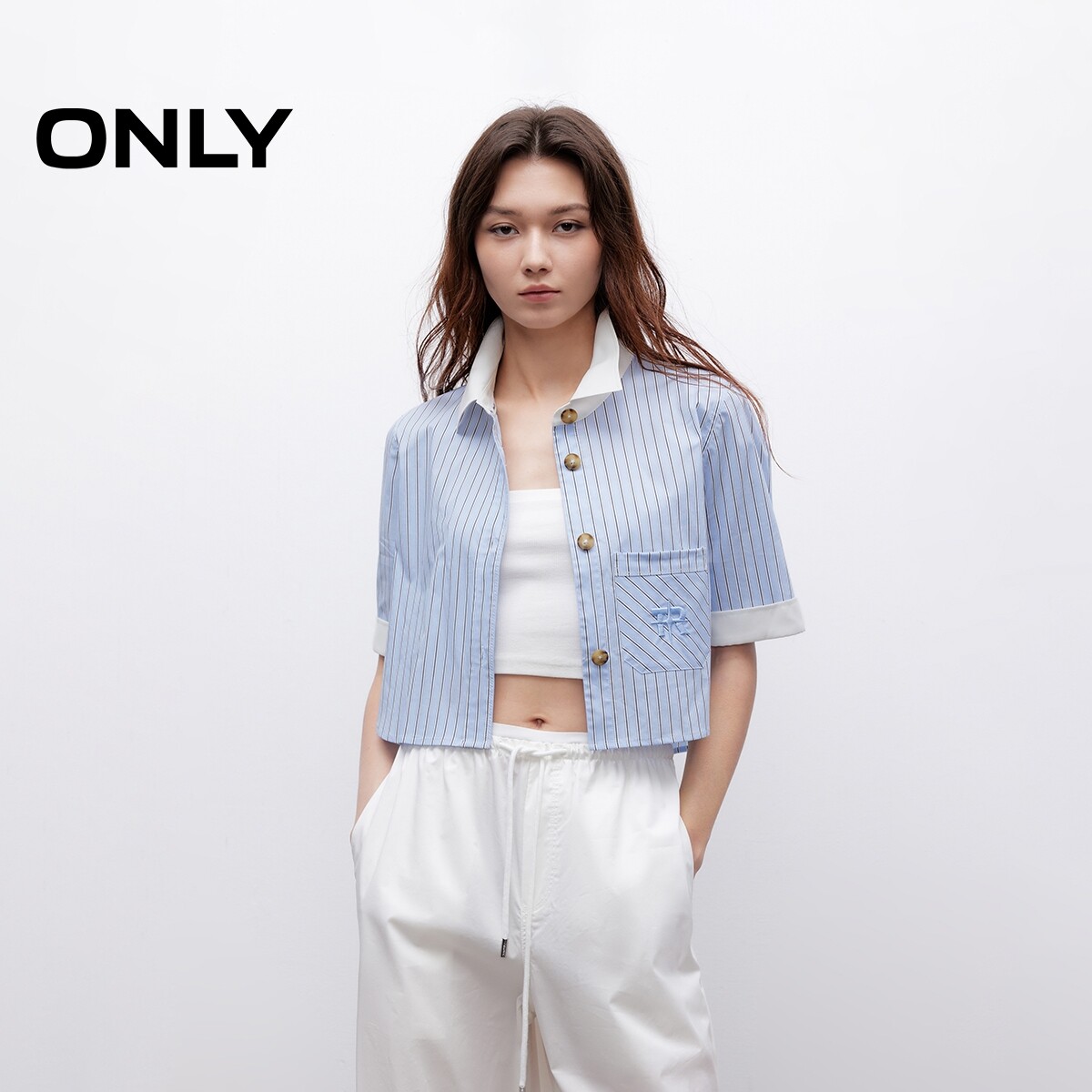 【ONLY奥莱】春夏款经典百搭撞色条纹显高显瘦直筒短款短袖衬衫女