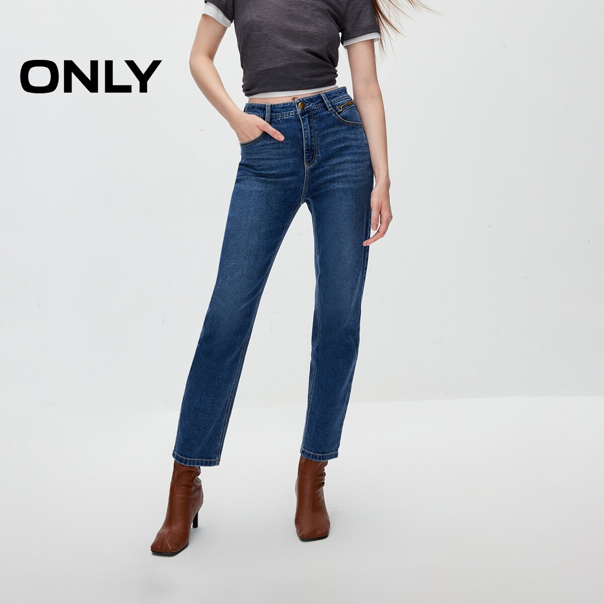 【ONLY奥莱】秋季新款简约时尚爆款高腰直筒九分牛仔裤女