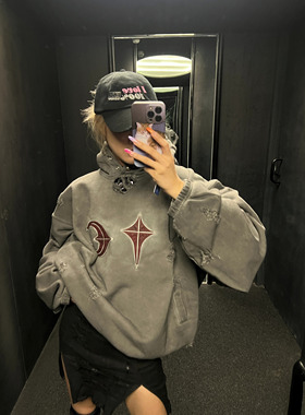 Thug Club脏染水洗做旧破坏连帽卫衣高街休闲潮牌帽衫朴宰范同款