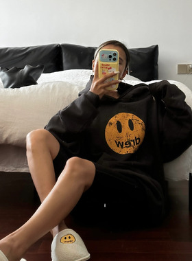 Drew House潮牌笑脸做旧破坏裂纹连帽衫美式秋冬高街休闲情侣卫衣