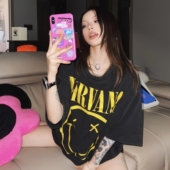 休闲情侣款 NIRVANA涅槃乐队柯本笑脸印花水洗做旧短袖 美式 重磅T恤