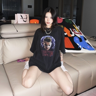 IHNOMUHNIT怪奇物语磨破水洗做旧VINTAGE复古重磅短袖 休闲T恤 美式