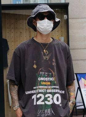 RRR123小众潮牌字母数字涂鸦复古做旧短袖FOG高街美式休闲宽松T恤