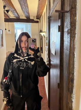 Grailz Project GR美式潮牌暗黑风骷髅印花拉链开衫休闲连帽卫衣