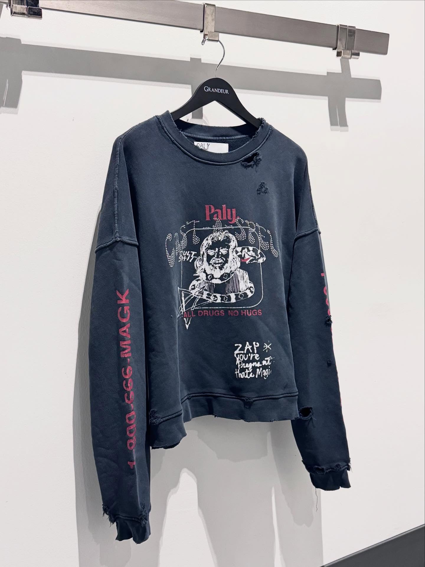 Paly Hollywood小众烫钻水洗做旧美式休闲破坏圆领卫衣Cortis同款