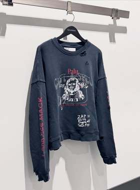 Paly Hollywood小众烫钻水洗做旧美式休闲破坏圆领卫衣Cortis同款