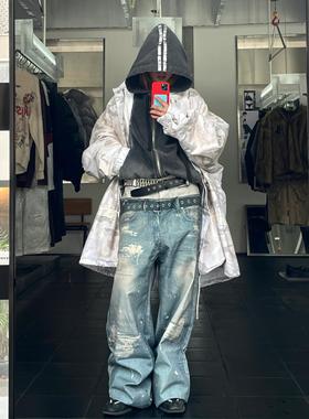 Grailz Project GR双腰数码印花破坏做旧阔腿直筒牛仔裤休闲长裤